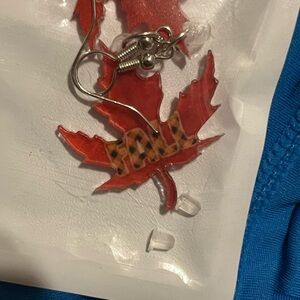 Red Leaf Earrings with Leopard Print Accent